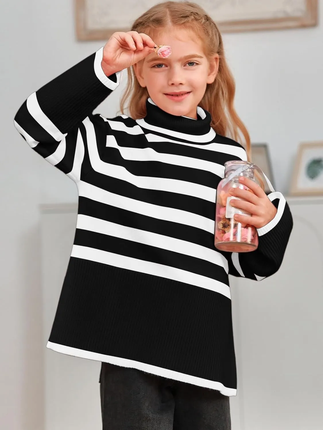 Meikulo Girls Striped Sweaters Kids Oversized Turtleneck Long Sleeve Pullover Knit Sweater Tops with Side Slit