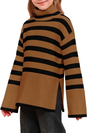 Meikulo Girls Striped Sweaters Kids Oversized Turtleneck Long Sleeve Pullover Knit Sweater Tops with Side Slit