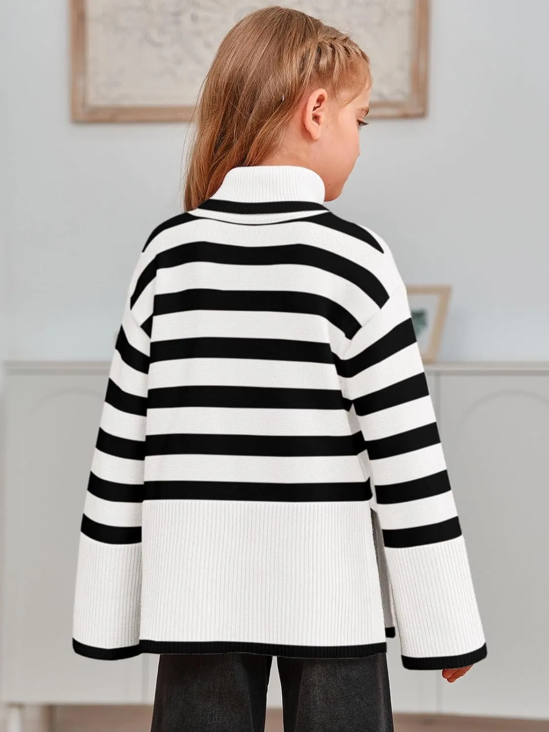 Meikulo Girls Striped Sweaters Kids Oversized Turtleneck Long Sleeve Pullover Knit Sweater Tops with Side Slit
