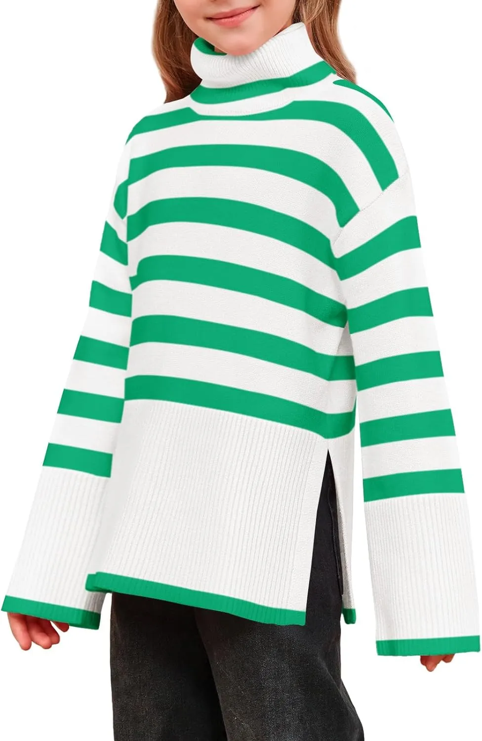 Meikulo Girls Striped Sweaters Kids Oversized Turtleneck Long Sleeve Pullover Knit Sweater Tops with Side Slit