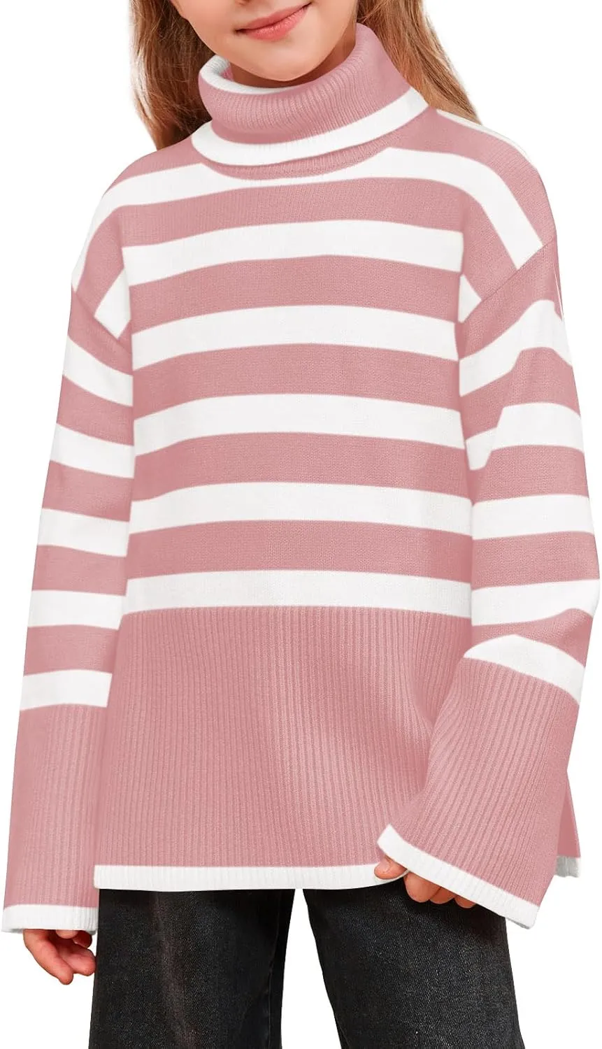 Meikulo Girls Striped Sweaters Kids Oversized Turtleneck Long Sleeve Pullover Knit Sweater Tops with Side Slit