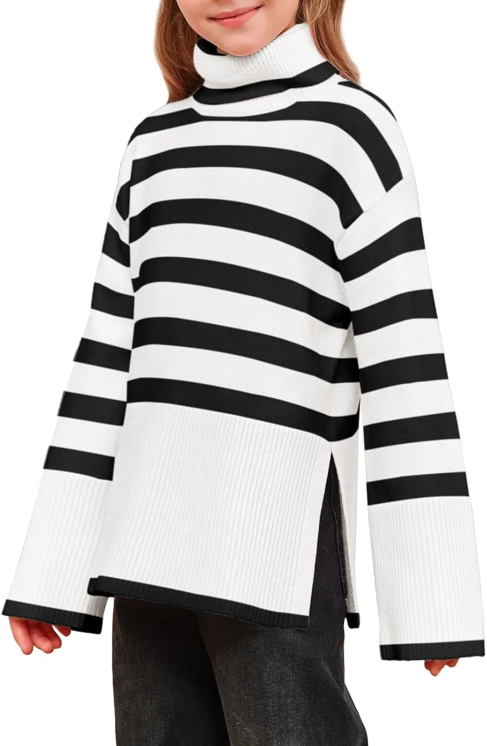 Meikulo Girls Striped Sweaters Kids Oversized Turtleneck Long Sleeve Pullover Knit Sweater Tops with Side Slit