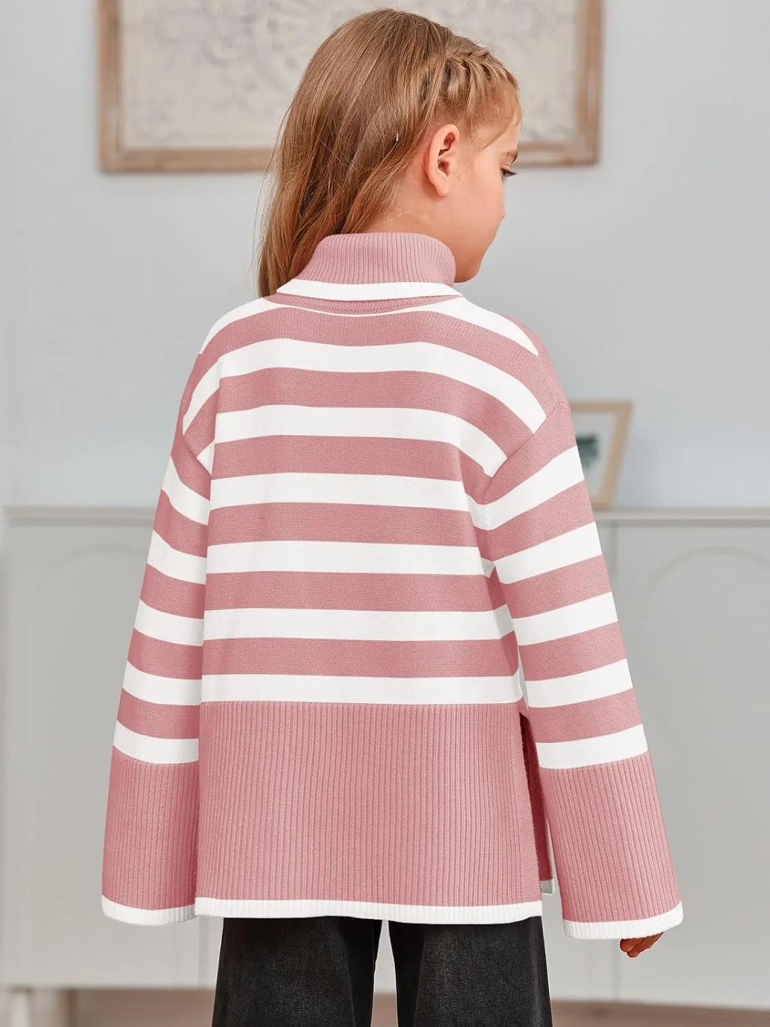 Meikulo Girls Striped Sweaters Kids Oversized Turtleneck Long Sleeve Pullover Knit Sweater Tops with Side Slit