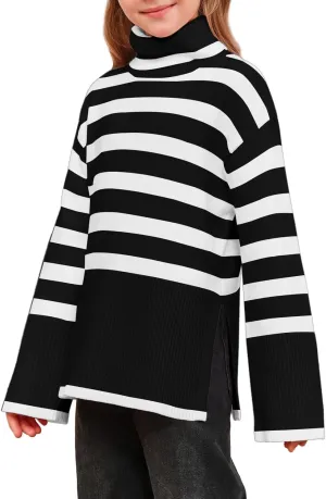 Meikulo Girls Striped Sweaters Kids Oversized Turtleneck Long Sleeve Pullover Knit Sweater Tops with Side Slit