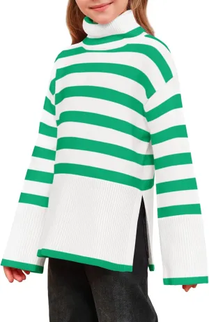 Meikulo Girls Striped Sweaters Kids Oversized Turtleneck Long Sleeve Pullover Knit Sweater Tops with Side Slit