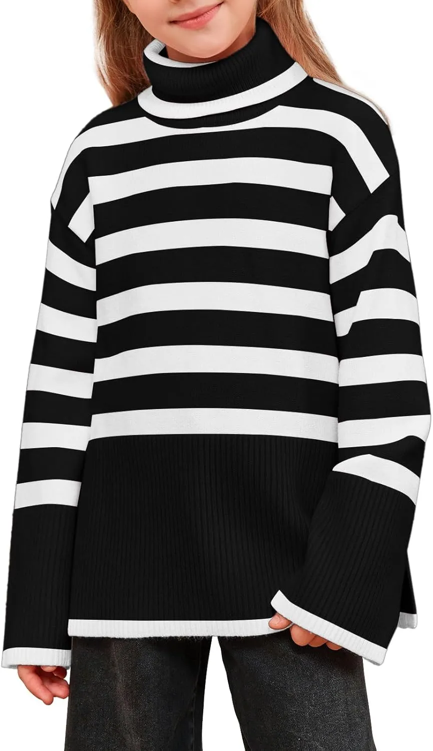 Meikulo Girls Striped Sweaters Kids Oversized Turtleneck Long Sleeve Pullover Knit Sweater Tops with Side Slit