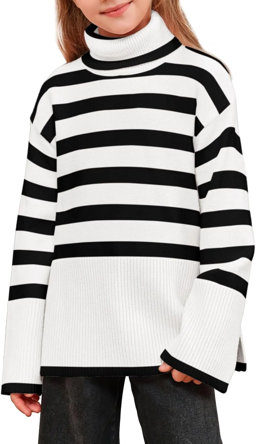 Meikulo Girls Striped Sweaters Kids Oversized Turtleneck Long Sleeve Pullover Knit Sweater Tops with Side Slit
