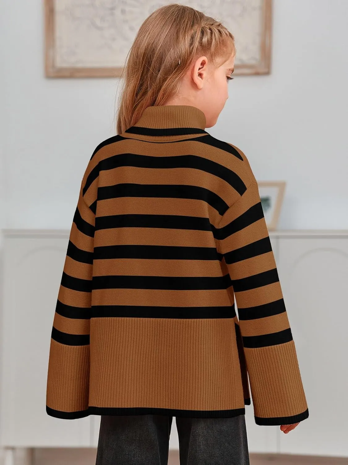 Meikulo Girls Striped Sweaters Kids Oversized Turtleneck Long Sleeve Pullover Knit Sweater Tops with Side Slit