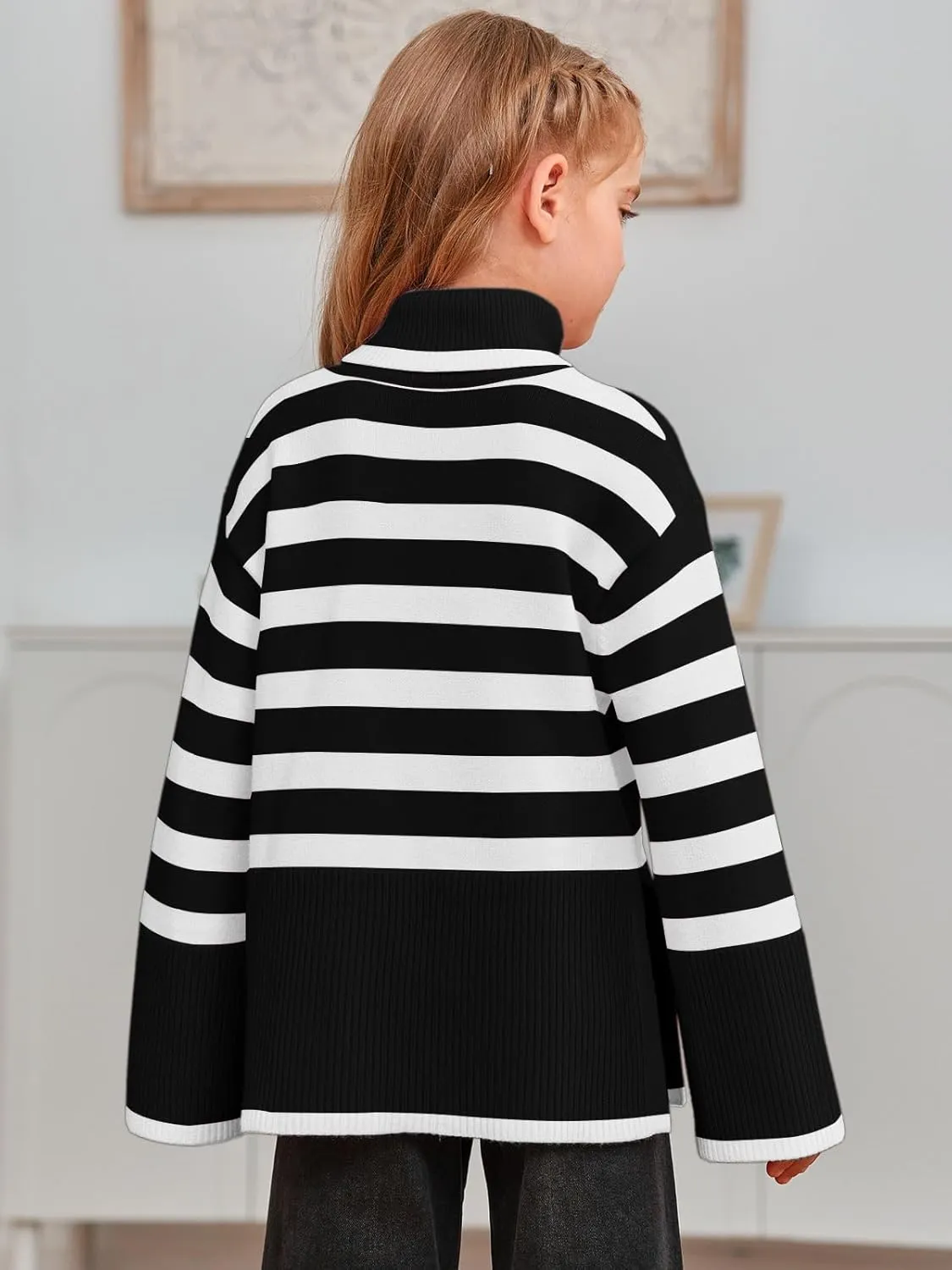 Meikulo Girls Striped Sweaters Kids Oversized Turtleneck Long Sleeve Pullover Knit Sweater Tops with Side Slit