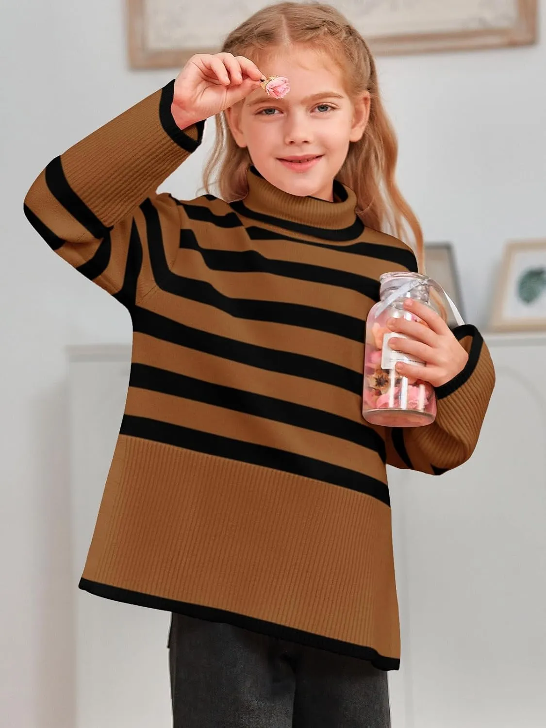 Meikulo Girls Striped Sweaters Kids Oversized Turtleneck Long Sleeve Pullover Knit Sweater Tops with Side Slit