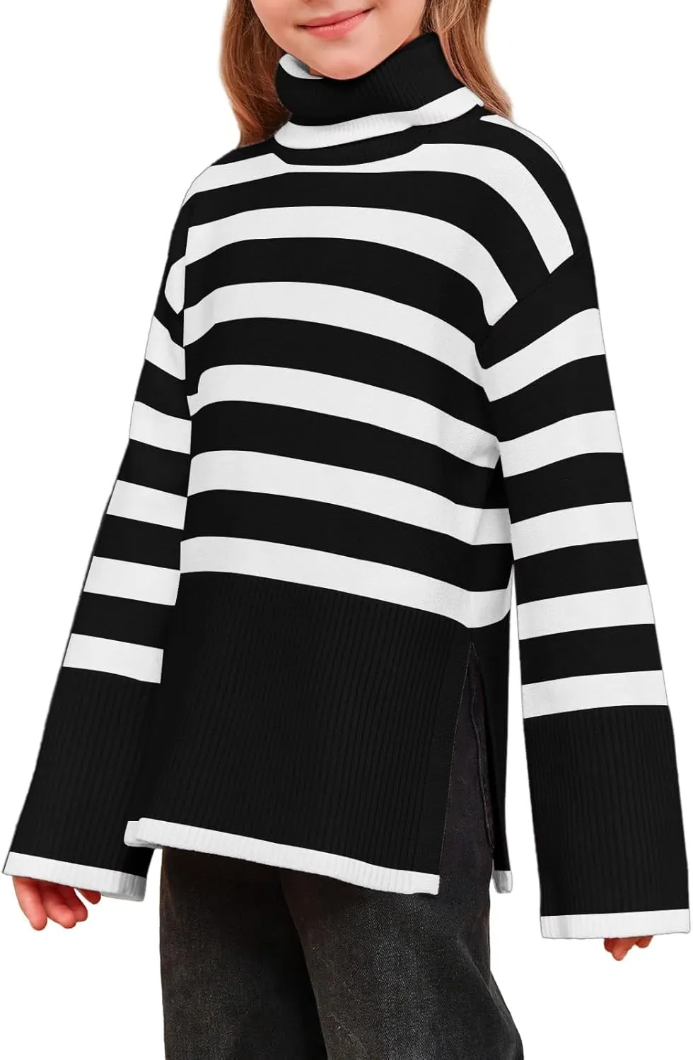 Meikulo Girls Striped Sweaters Kids Oversized Turtleneck Long Sleeve Pullover Knit Sweater Tops with Side Slit