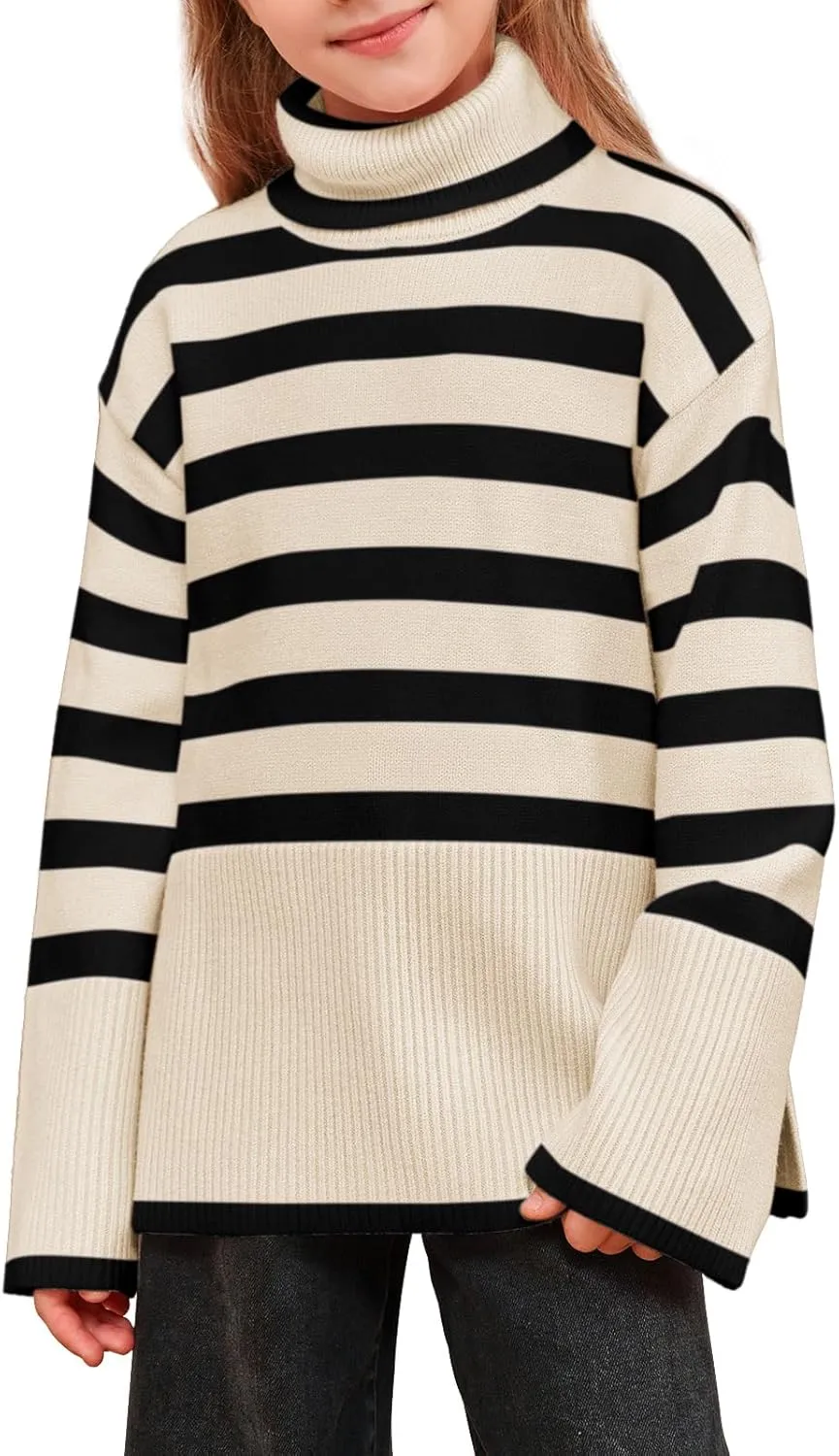 Meikulo Girls Striped Sweaters Kids Oversized Turtleneck Long Sleeve Pullover Knit Sweater Tops with Side Slit
