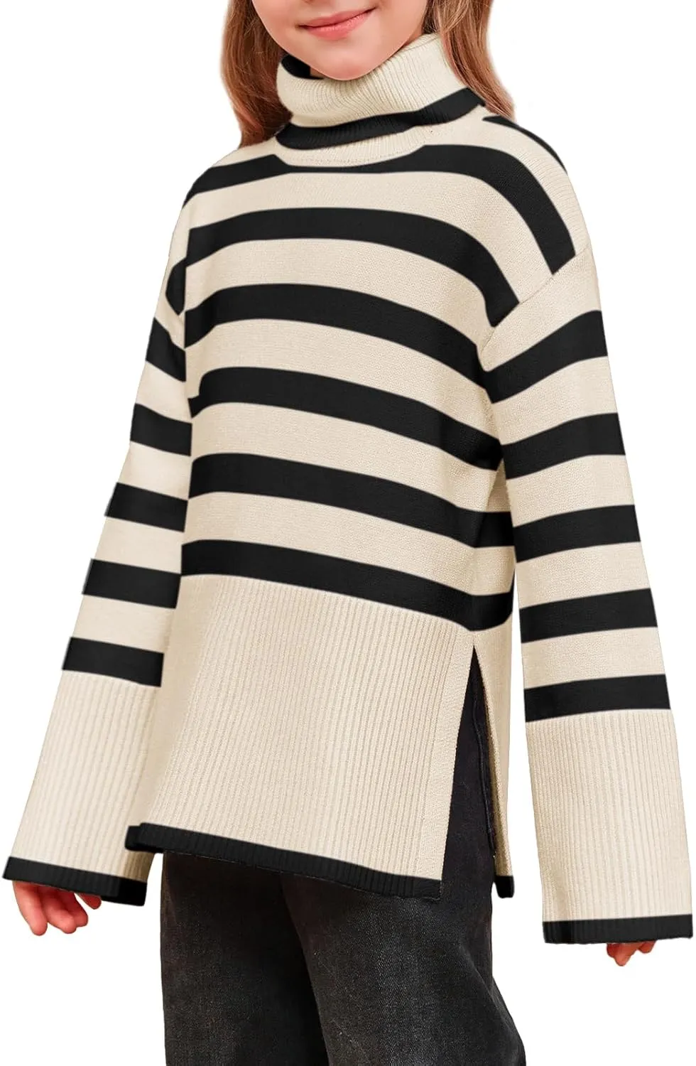 Meikulo Girls Striped Sweaters Kids Oversized Turtleneck Long Sleeve Pullover Knit Sweater Tops with Side Slit