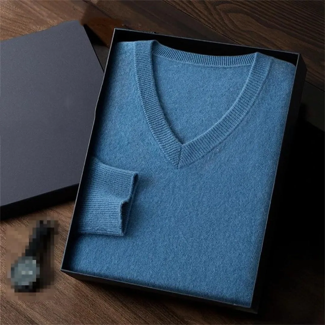 Men Business Casual Warm Cashmere Sweater Autumn Winter Classic V-Neck Knitted Pullovers