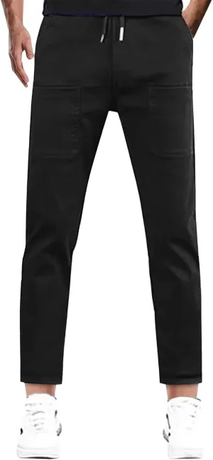 Men Cargo Pants Elastic Waist Summer Trendy Work Pants Outdoor Casual Plain Straight Leg Trousers with Muti Pockets