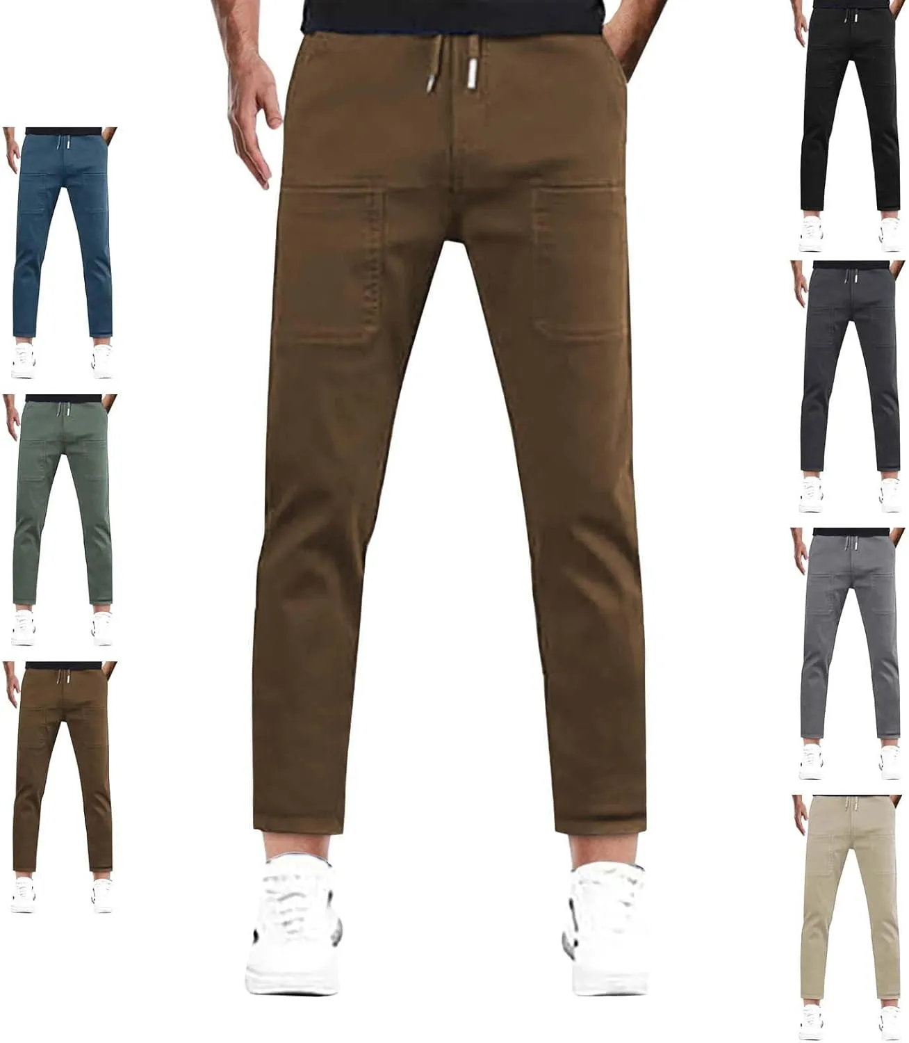 Men Cargo Pants Elastic Waist Summer Trendy Work Pants Outdoor Casual Plain Straight Leg Trousers with Muti Pockets