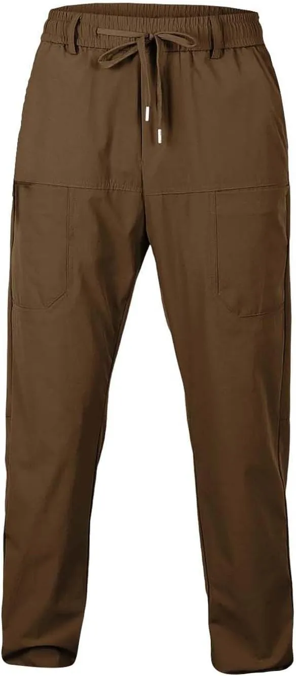 Men Cargo Pants Elastic Waist Summer Trendy Work Pants Outdoor Casual Plain Straight Leg Trousers with Muti Pockets