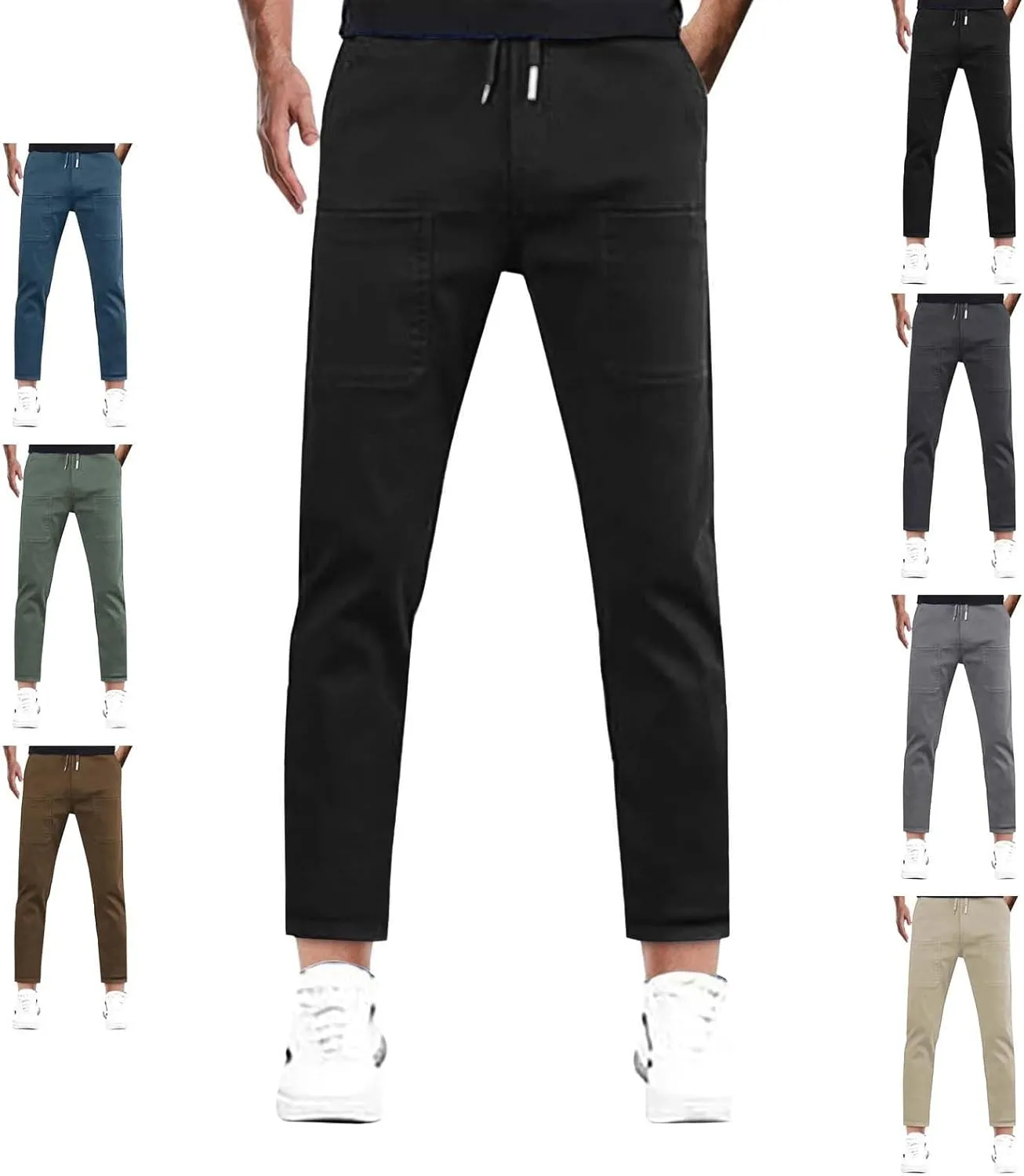 Men Cargo Pants Elastic Waist Summer Trendy Work Pants Outdoor Casual Plain Straight Leg Trousers with Muti Pockets
