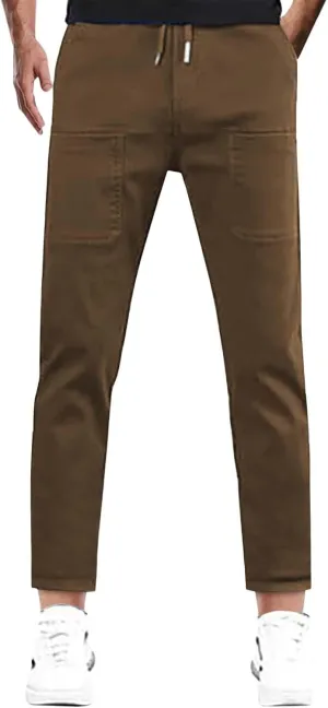 Men Cargo Pants Elastic Waist Summer Trendy Work Pants Outdoor Casual Plain Straight Leg Trousers with Muti Pockets