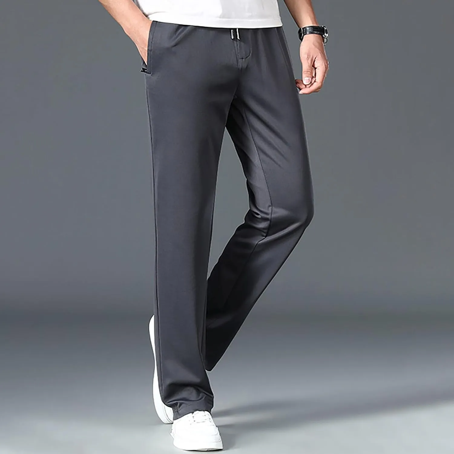 Men Dress Pants Plus Size Casual Business Trousers Straight Leg Fall Pants Solid Drawstring Elastic Waist Slacks