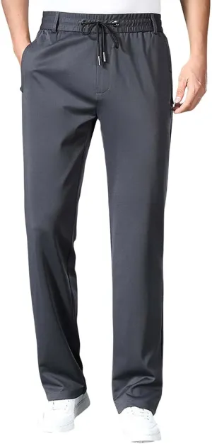 Men Dress Pants Plus Size Casual Business Trousers Straight Leg Fall Pants Solid Drawstring Elastic Waist Slacks