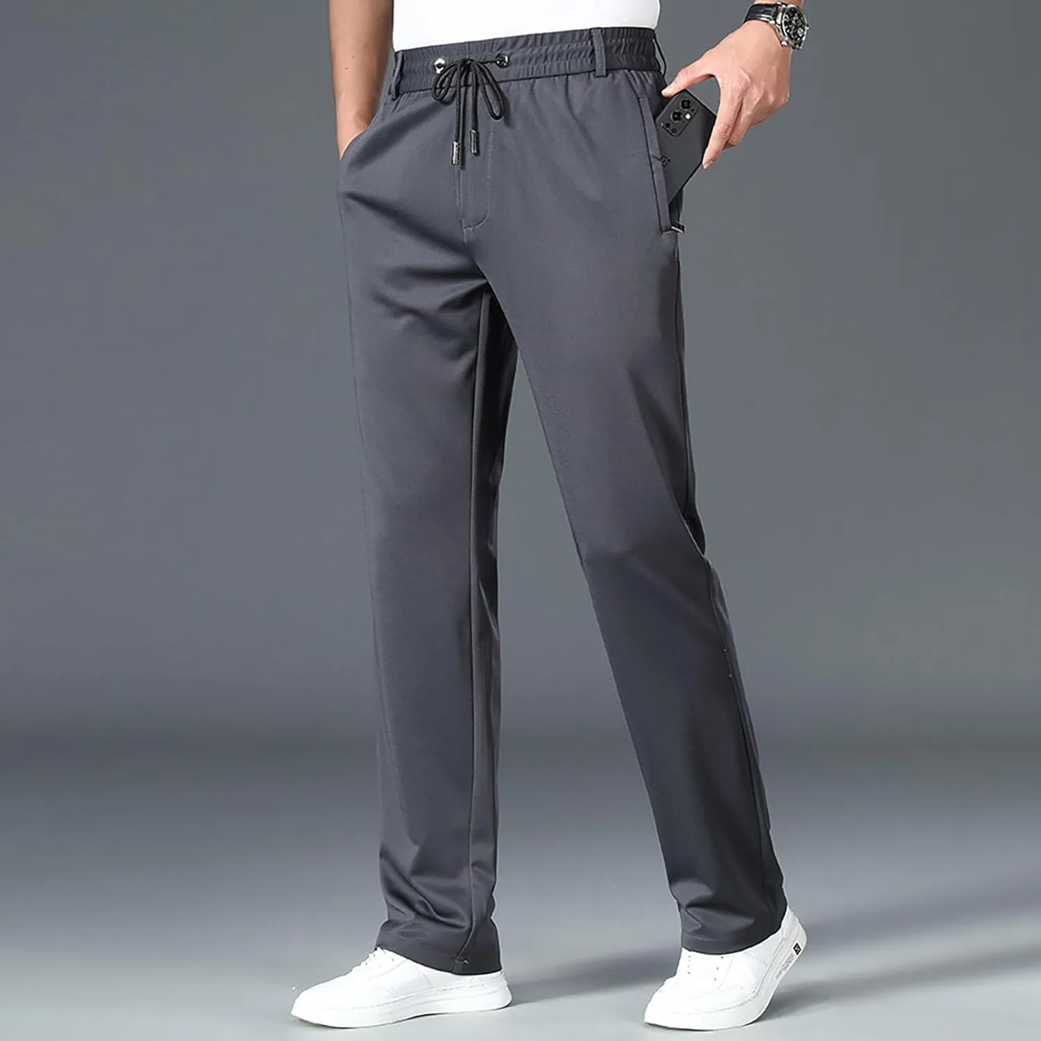 Men Dress Pants Plus Size Casual Business Trousers Straight Leg Fall Pants Solid Drawstring Elastic Waist Slacks