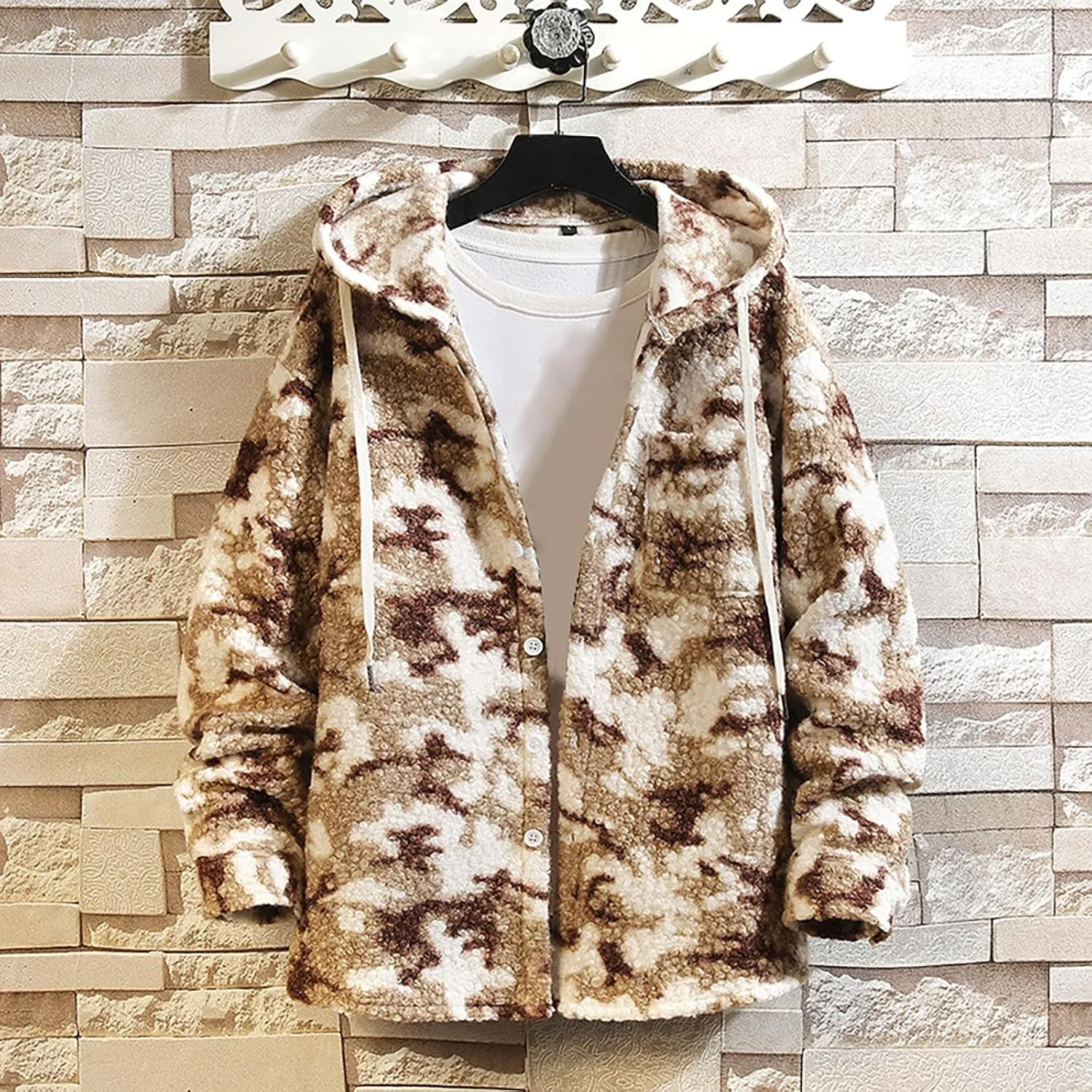 Men Leopard Print Sherpa Hoodie Oversize Full Zip Warm Fuzzy Fleece Jacket Winter Thermal Thick Overcoat with Pockets