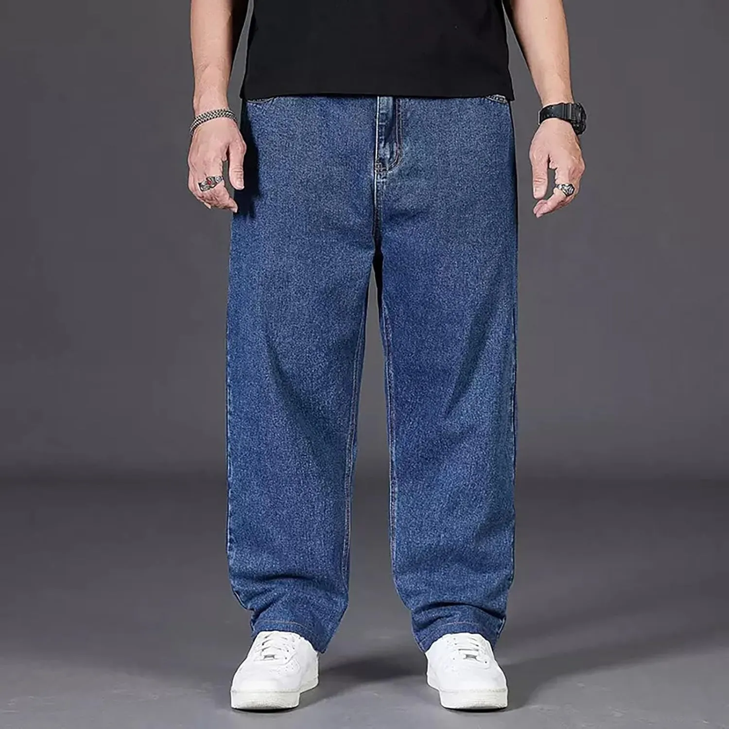 Men Plus Size Jeans Classic Basic Plain Relaxed Fit Denim Pants Open Bottom Summer Casual Straight Leg Baggy Trousers