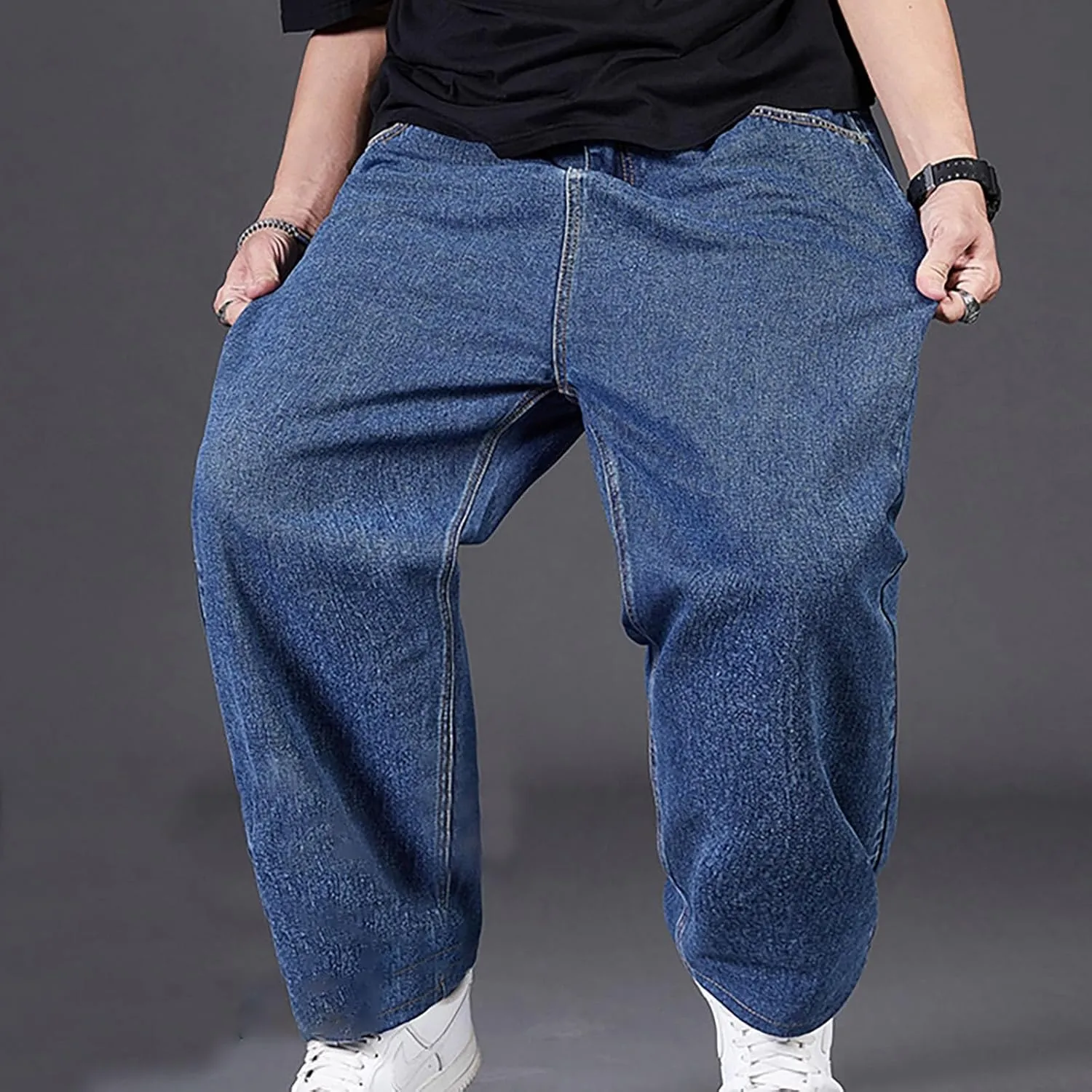 Men Plus Size Jeans Classic Basic Plain Relaxed Fit Denim Pants Open Bottom Summer Casual Straight Leg Baggy Trousers