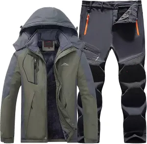 Men Ski Suits Winter Warm Fleece Lined Waterproof Padded Hooded Coat Pants Set Hiking Climbing Insulated Jacket Suit