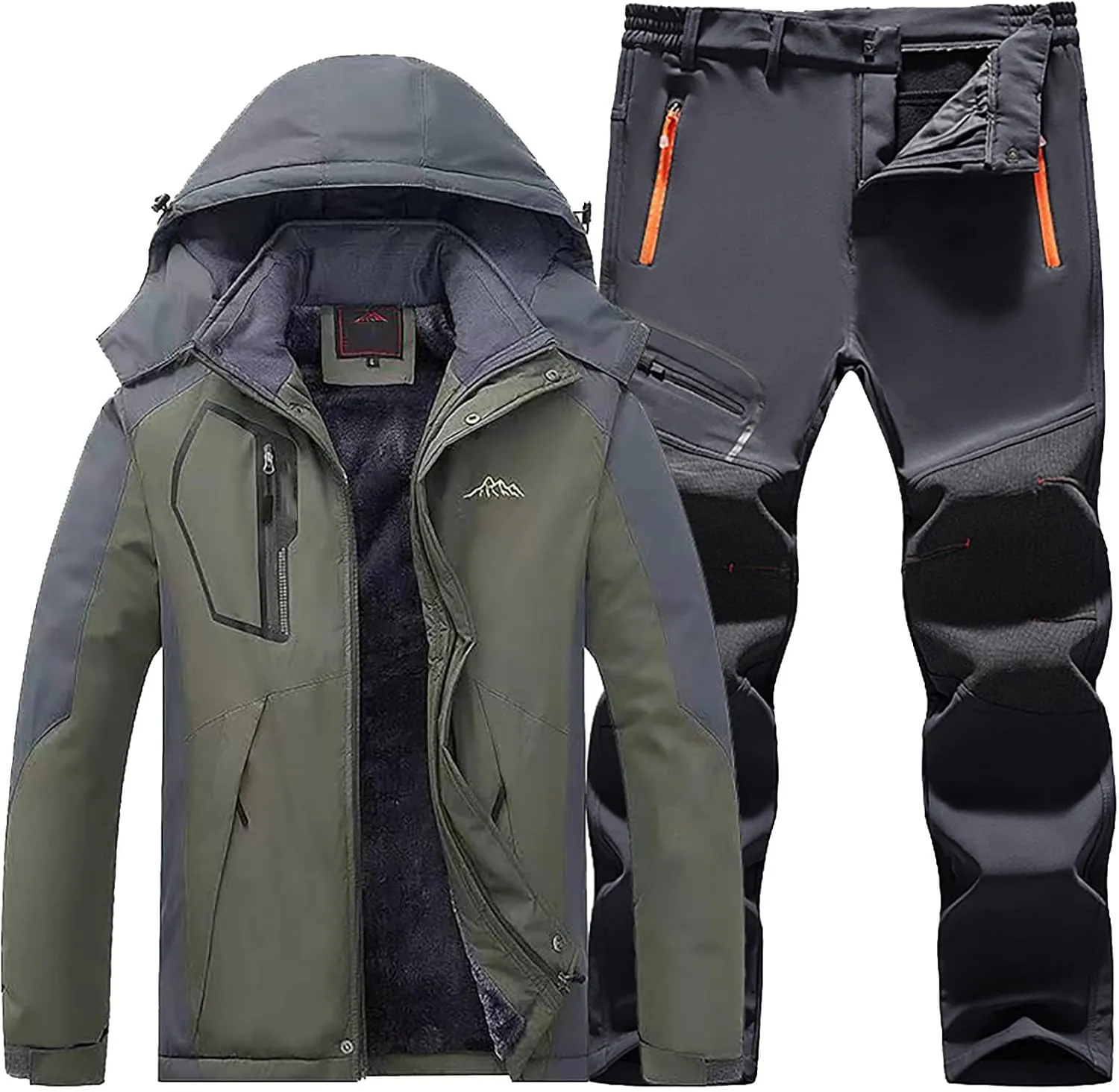 Men Ski Suits Winter Warm Fleece Lined Waterproof Padded Hooded Coat Pants Set Hiking Climbing Insulated Jacket Suit