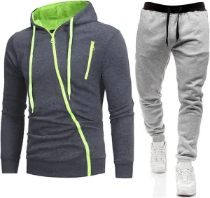 Mens 2 Piece Jogger Set Leisure Splicing Zipper Sweater Pants Sports Suit Casual Jogging Athletic Suits Black Hoodie