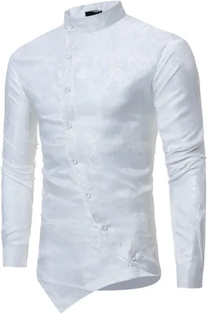 Men's 3D Floral Dress Shirt Fashion Irregular Hem Hippie Jacquard Wedding Shirts Long Sleeve Button Party Prom Tops