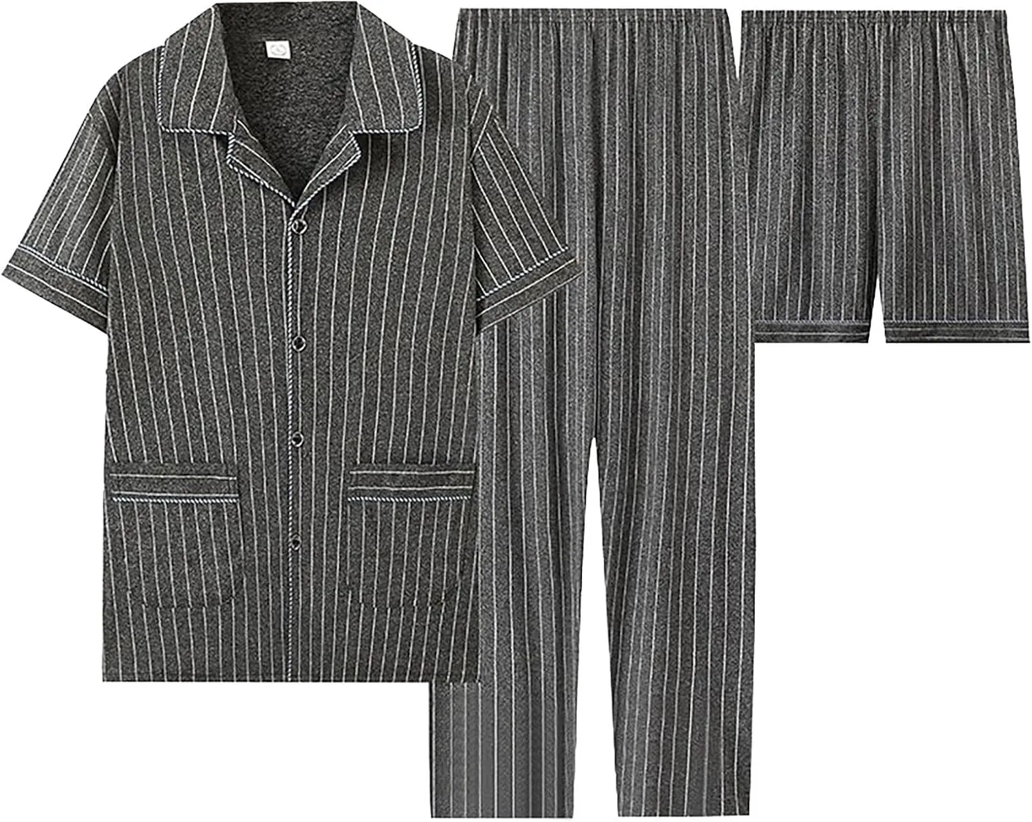 Mens 3pcs Cotton Pajamas Set Button Down Short Sleeve Sleepwear with Shorts and Long Pants Pjs Classic Loungewear