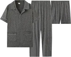Mens 3pcs Cotton Pajamas Set Button Down Short Sleeve Sleepwear with Shorts and Long Pants Pjs Classic Loungewear