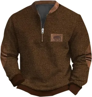 Men's Aztec Western Sweatshirt with Elbow Patch Vintage Distressed Half Zip Long Sleeve Pullover Warm Winter Jackets