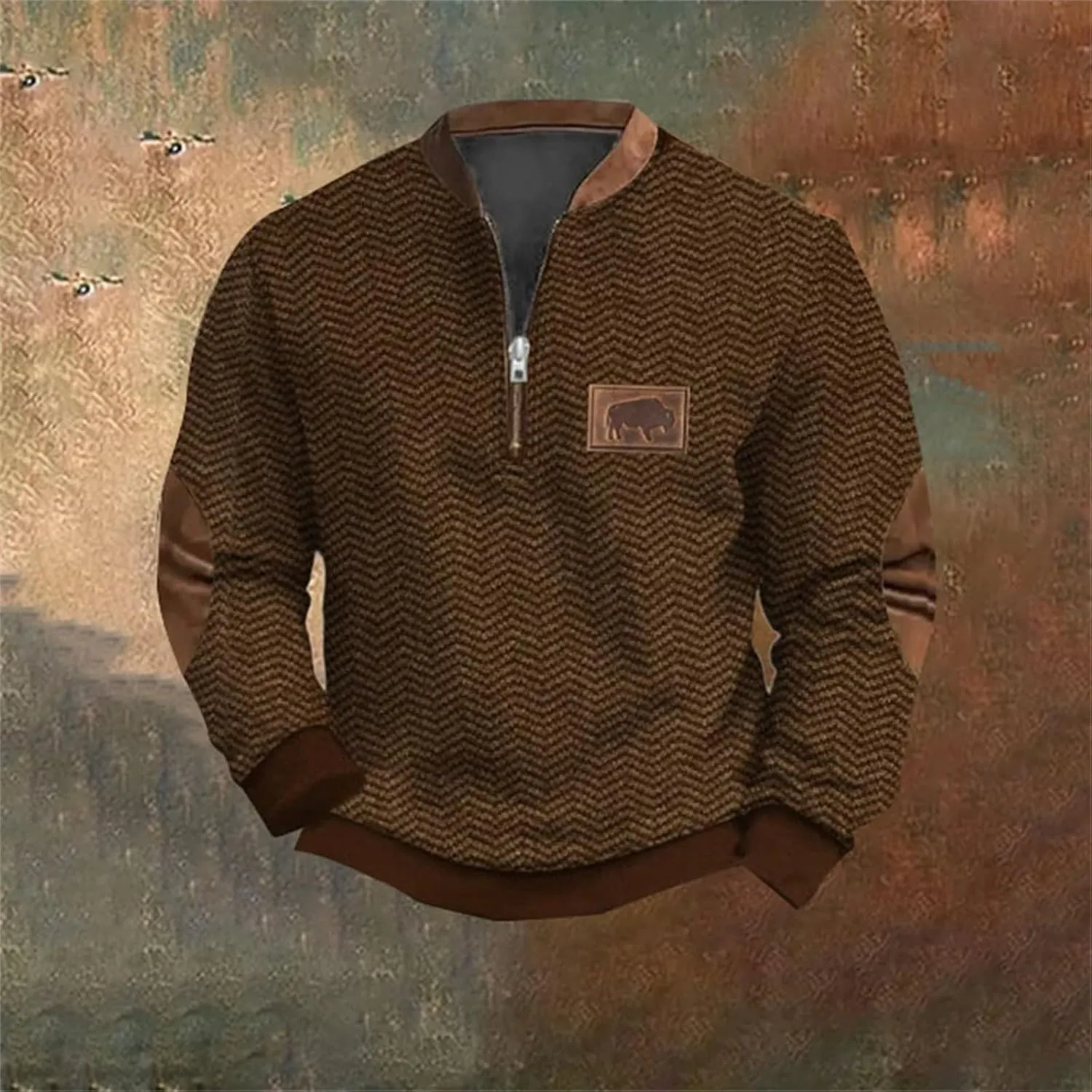 Men's Aztec Western Sweatshirt with Elbow Patch Vintage Distressed Half Zip Long Sleeve Pullover Warm Winter Jackets