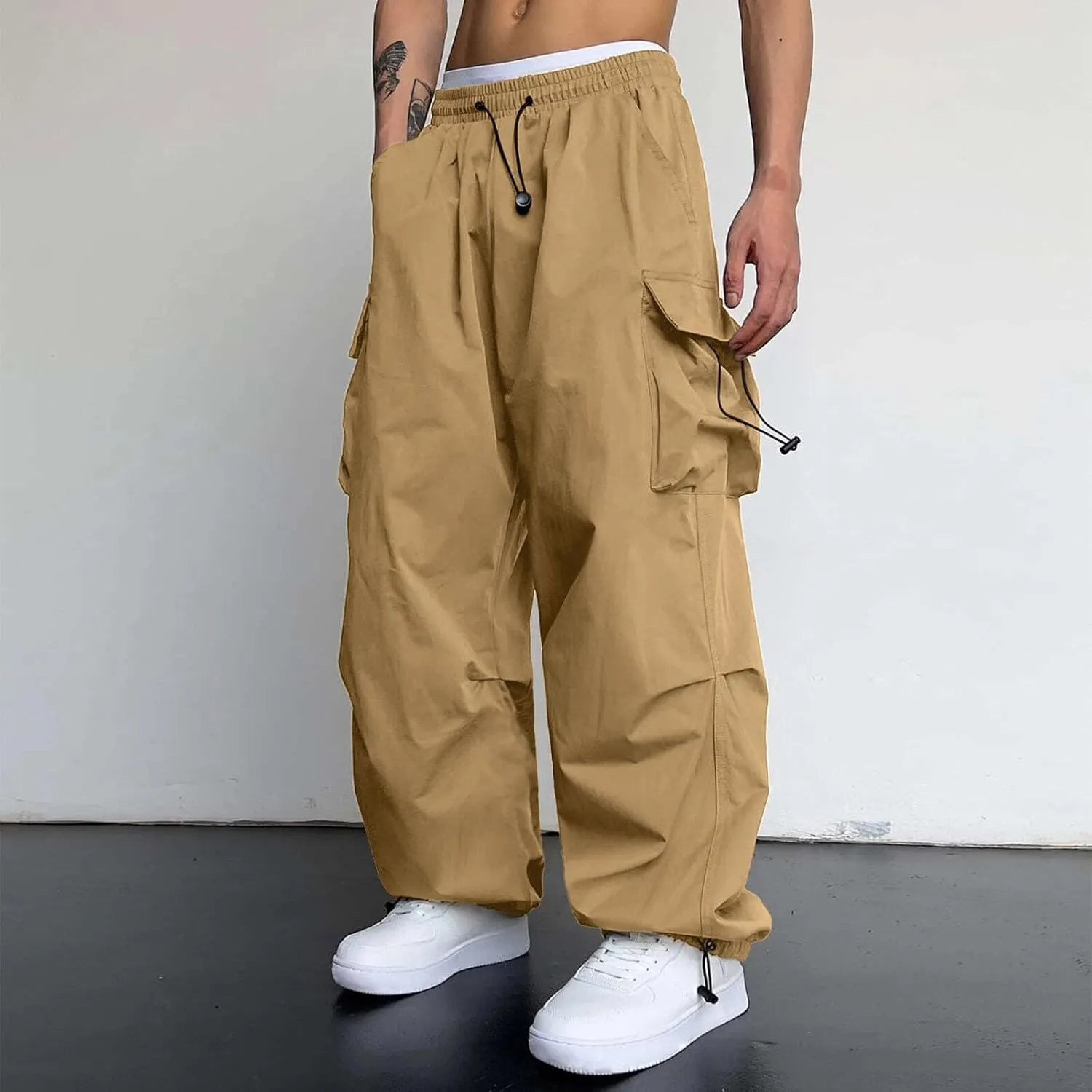 Men's Baggy Cargo Pants Trendy Casual Drawstring Loose Fit Harem Parachute Pants with Pockets