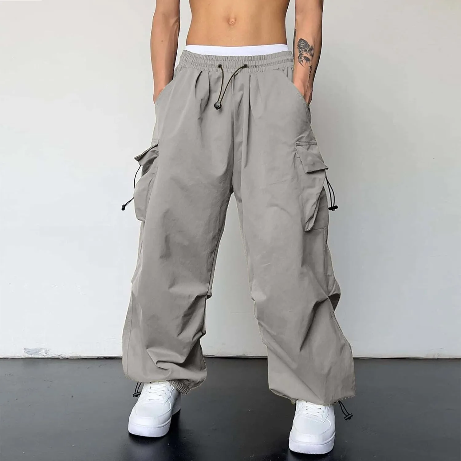 Men's Cargo Pants Casual Cotton Stretchy Drawstring Elastic Waist Pant Track Pants with Multiple Pockets