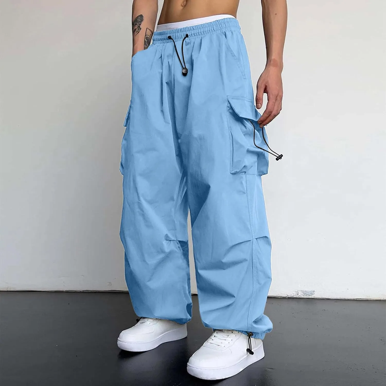 Men's Cargo Pants Casual Cotton Stretchy Drawstring Elastic Waist Pant Track Pants with Multiple Pockets
