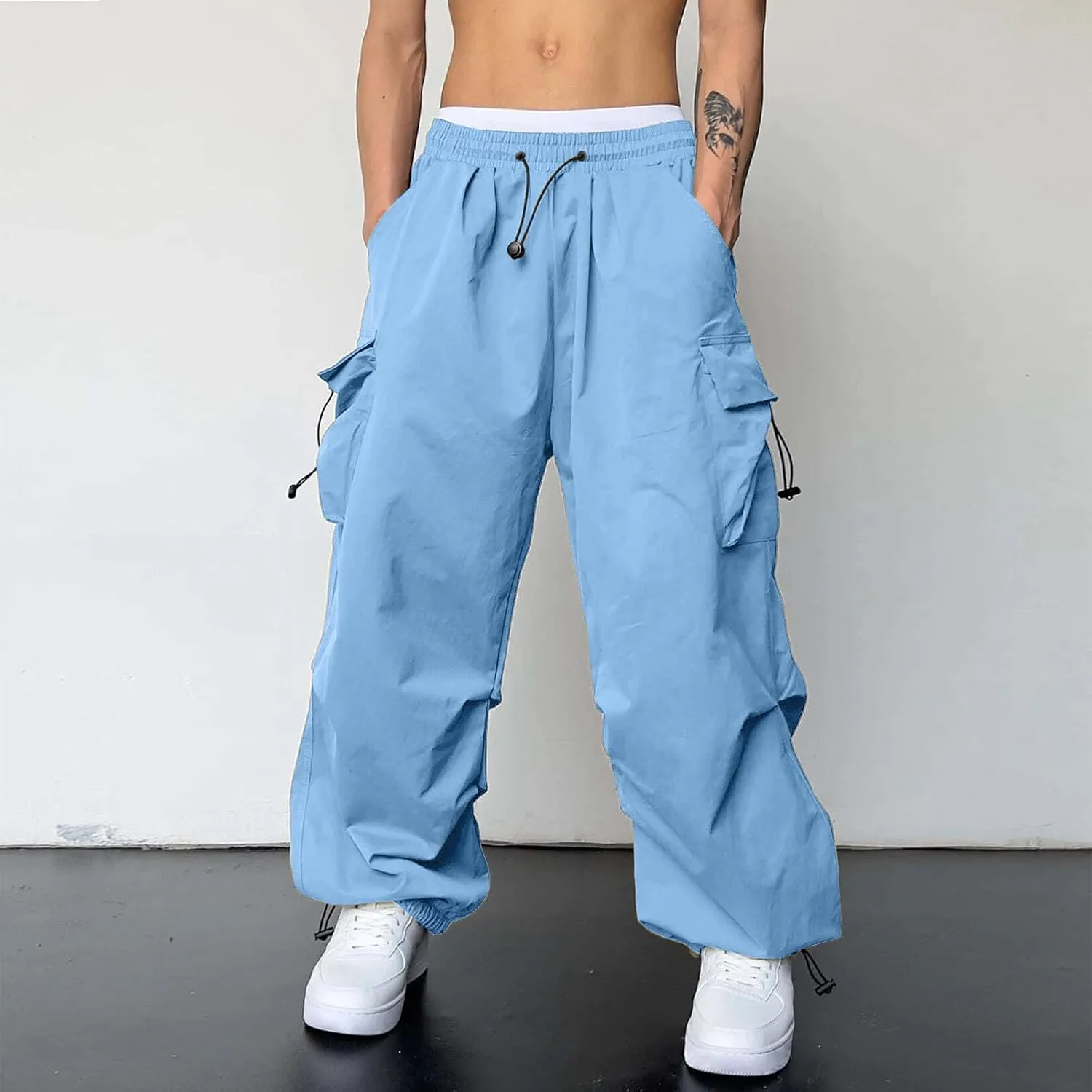 Men's Cargo Pants Casual Cotton Stretchy Drawstring Elastic Waist Pant Track Pants with Multiple Pockets