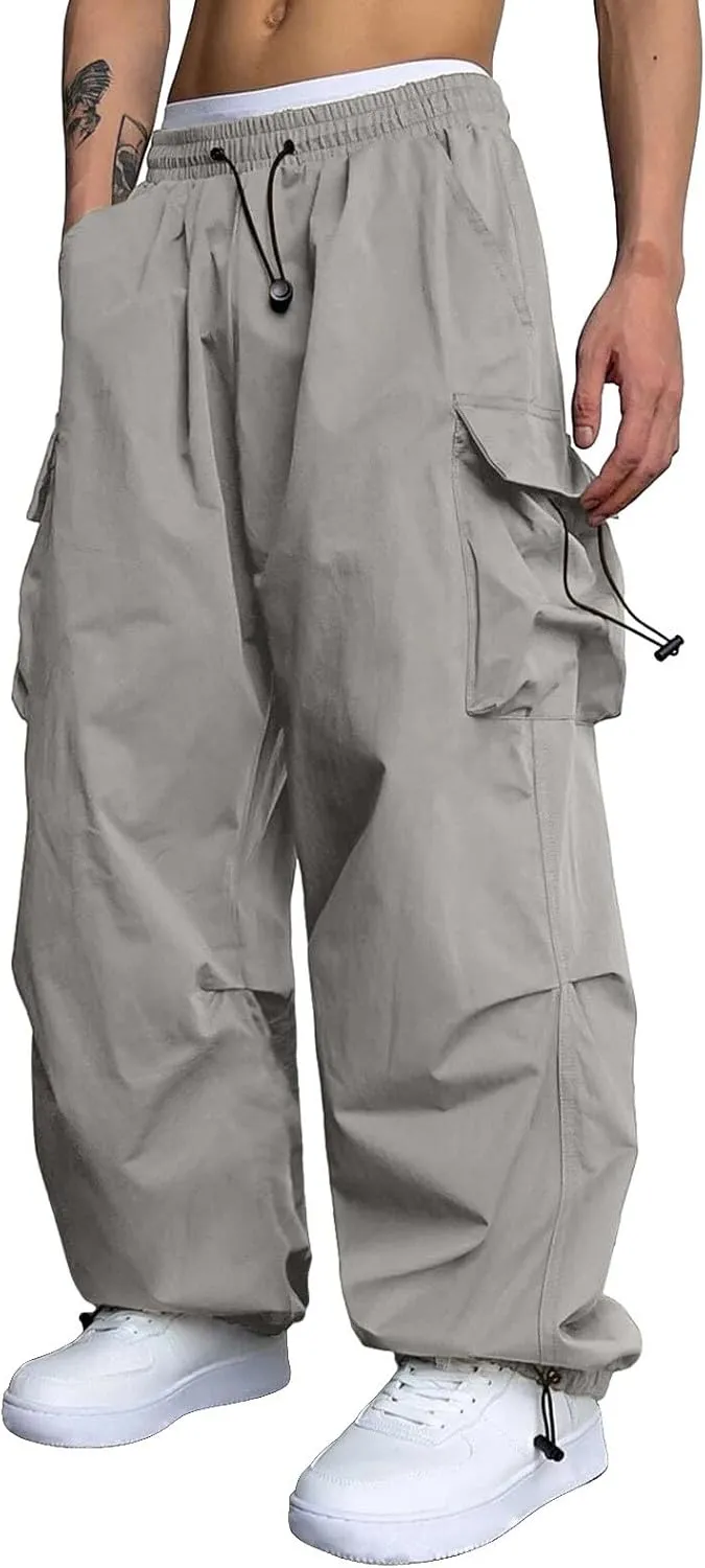 Men's Cargo Pants Casual Cotton Stretchy Drawstring Elastic Waist Pant Track Pants with Multiple Pockets