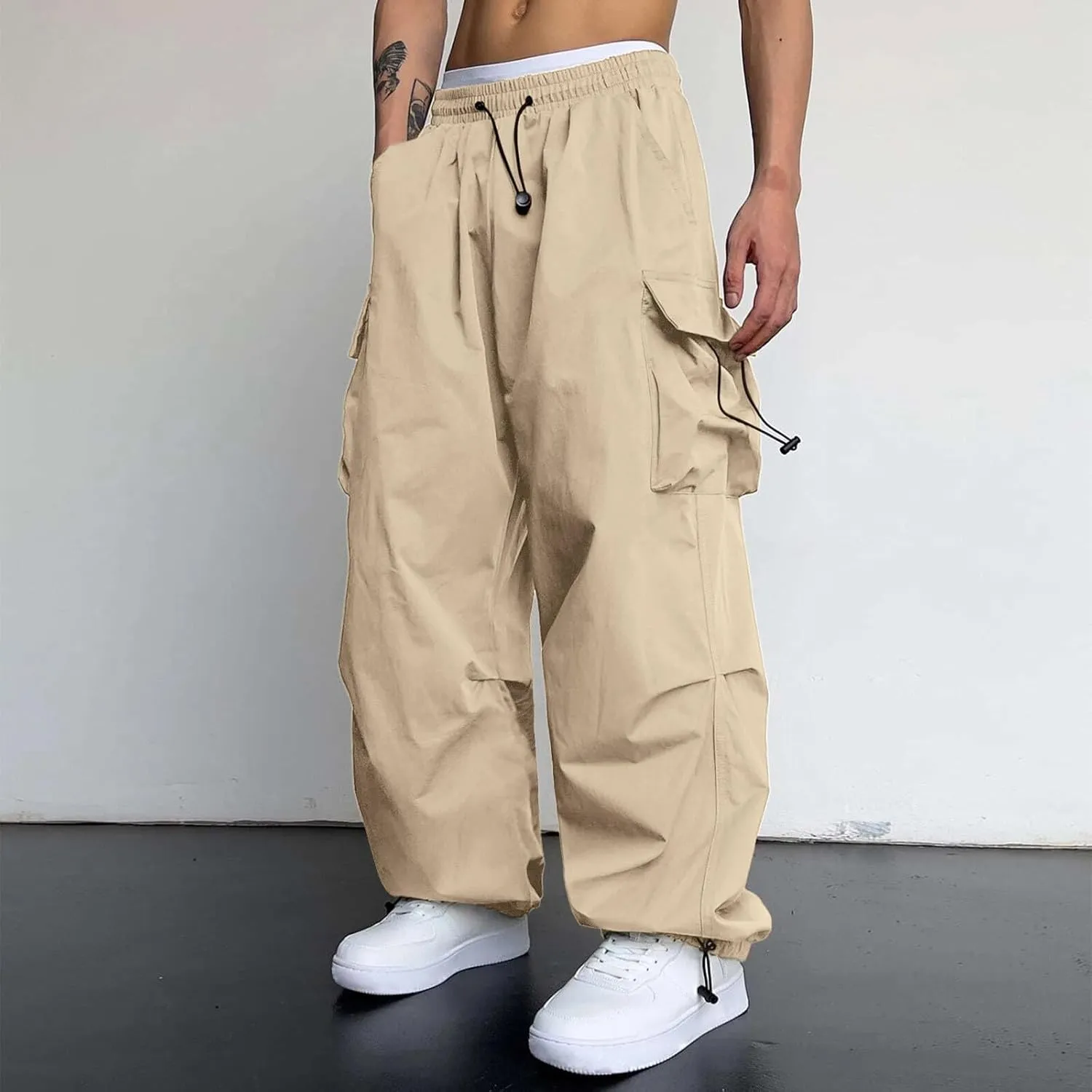 Men's Cargo Pants Casual Cotton Stretchy Drawstring Elastic Waist Pant Track Pants with Multiple Pockets