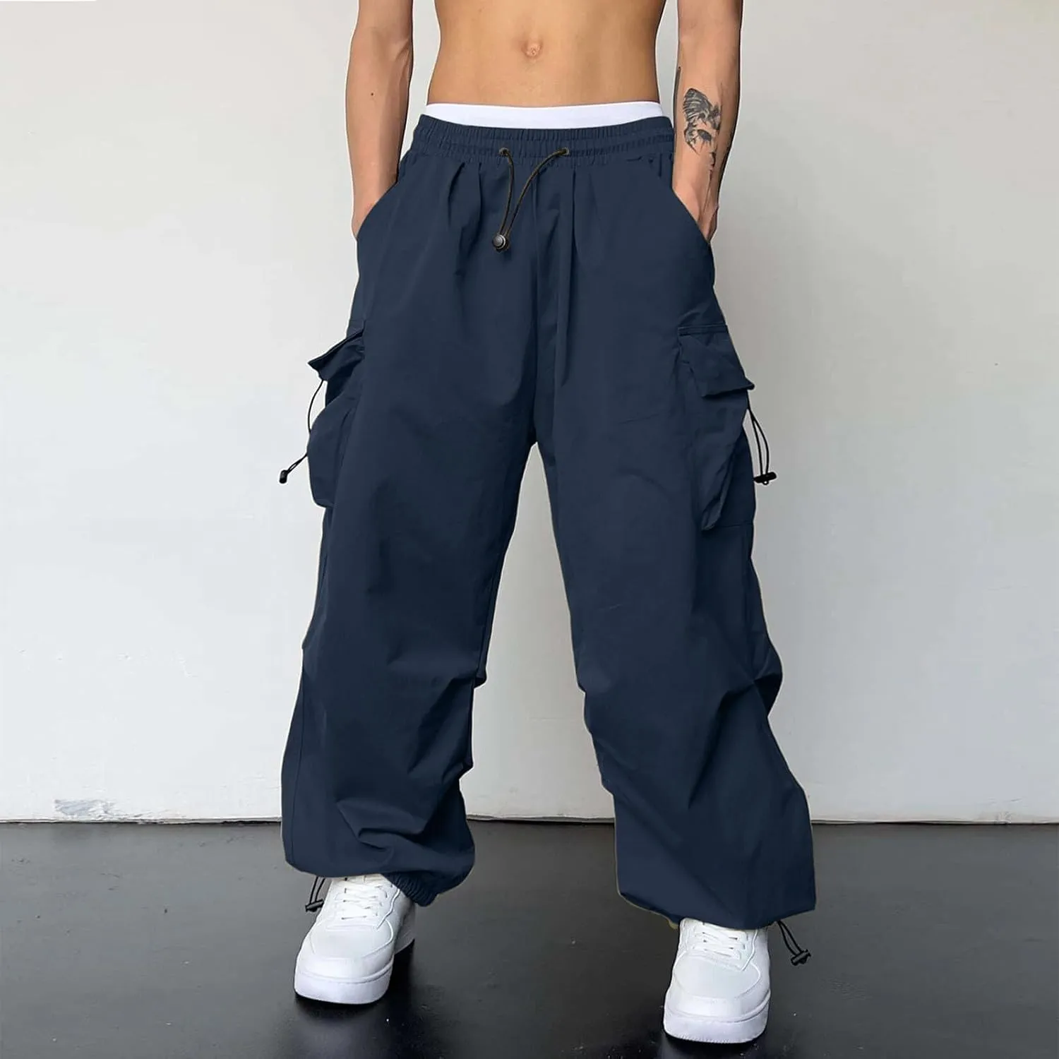 Men's Cargo Pants Casual Cotton Stretchy Drawstring Elastic Waist Pant Track Pants with Multiple Pockets