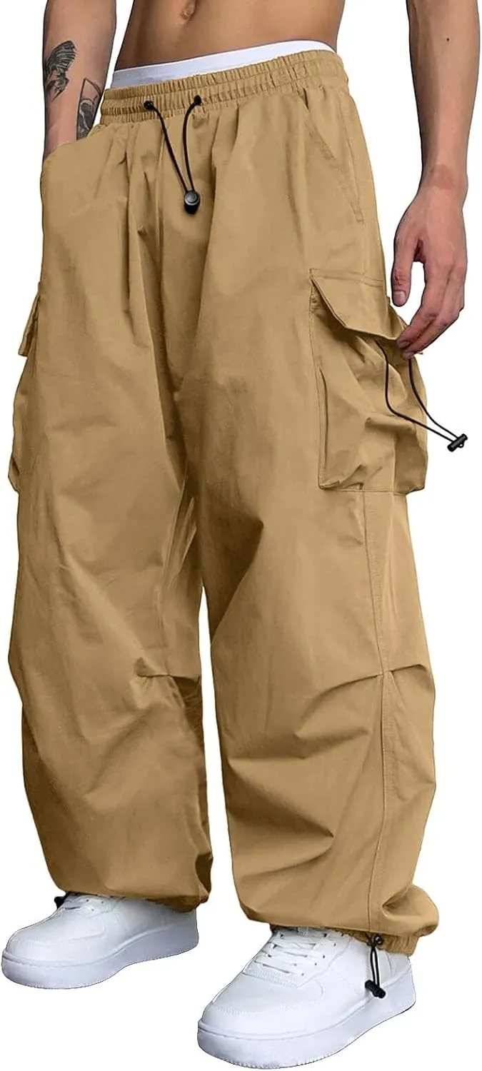 Men's Cargo Pants Casual Cotton Stretchy Drawstring Elastic Waist Pant Track Pants with Multiple Pockets