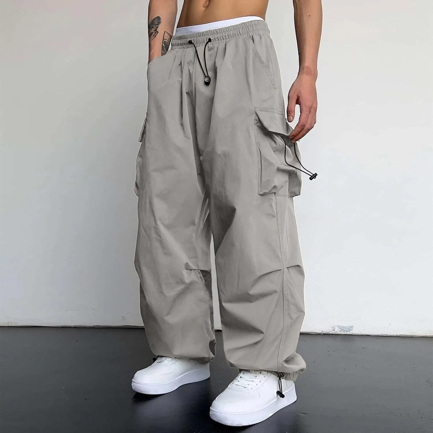 Men's Cargo Pants Casual Cotton Stretchy Drawstring Elastic Waist Pant Track Pants with Multiple Pockets