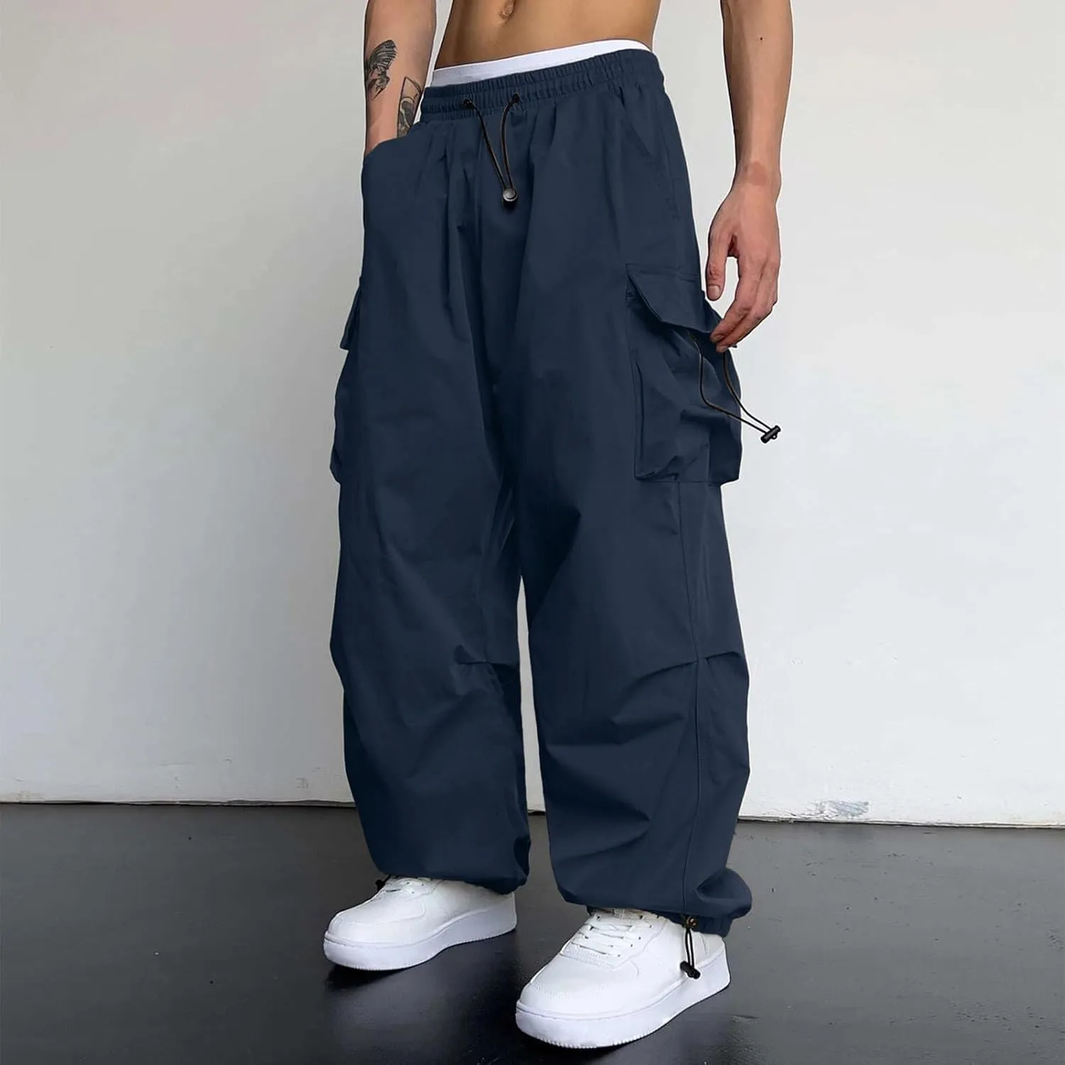 Men's Cargo Pants Casual Cotton Stretchy Drawstring Elastic Waist Pant Track Pants with Multiple Pockets