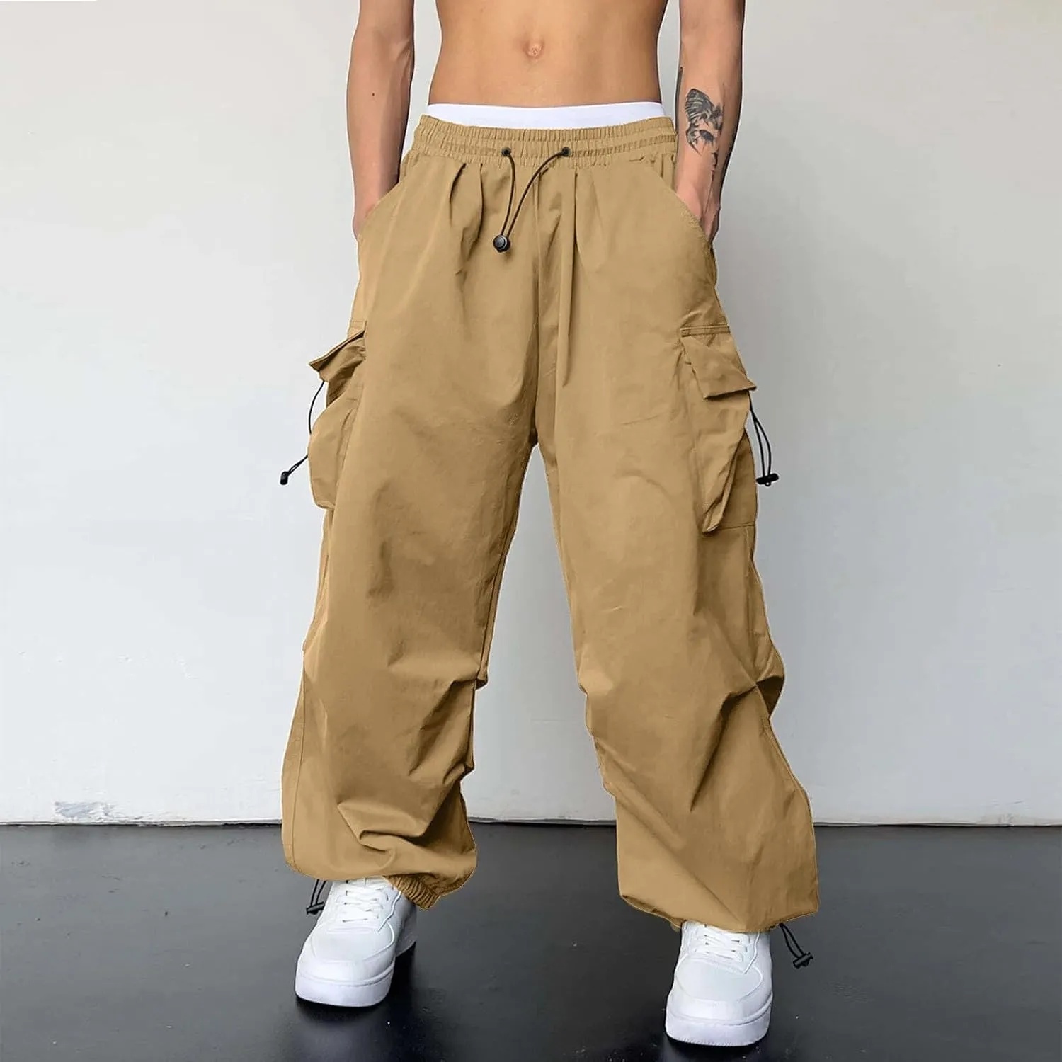 Men's Cargo Pants Casual Cotton Stretchy Drawstring Elastic Waist Pant Track Pants with Multiple Pockets