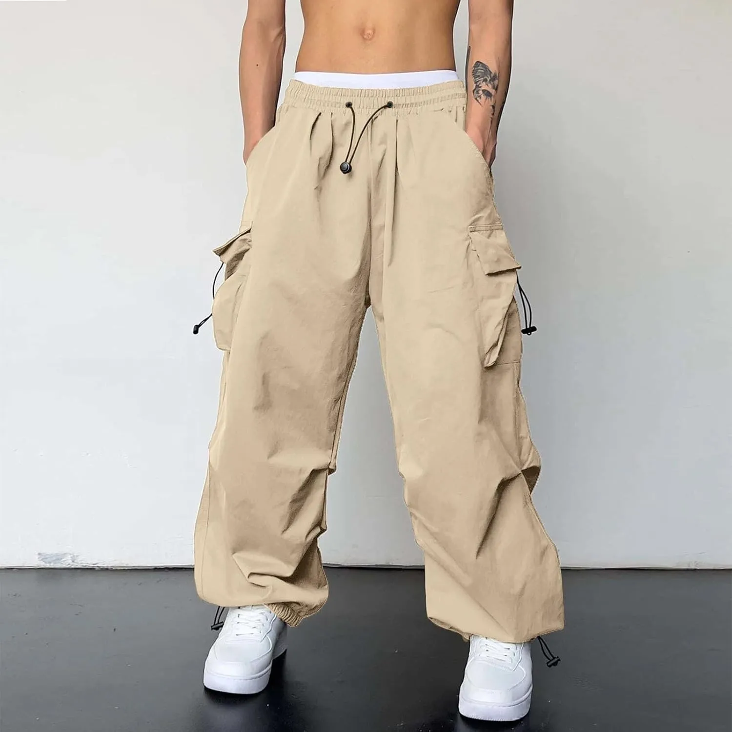 Men's Cargo Pants Casual Cotton Stretchy Drawstring Elastic Waist Pant Track Pants with Multiple Pockets
