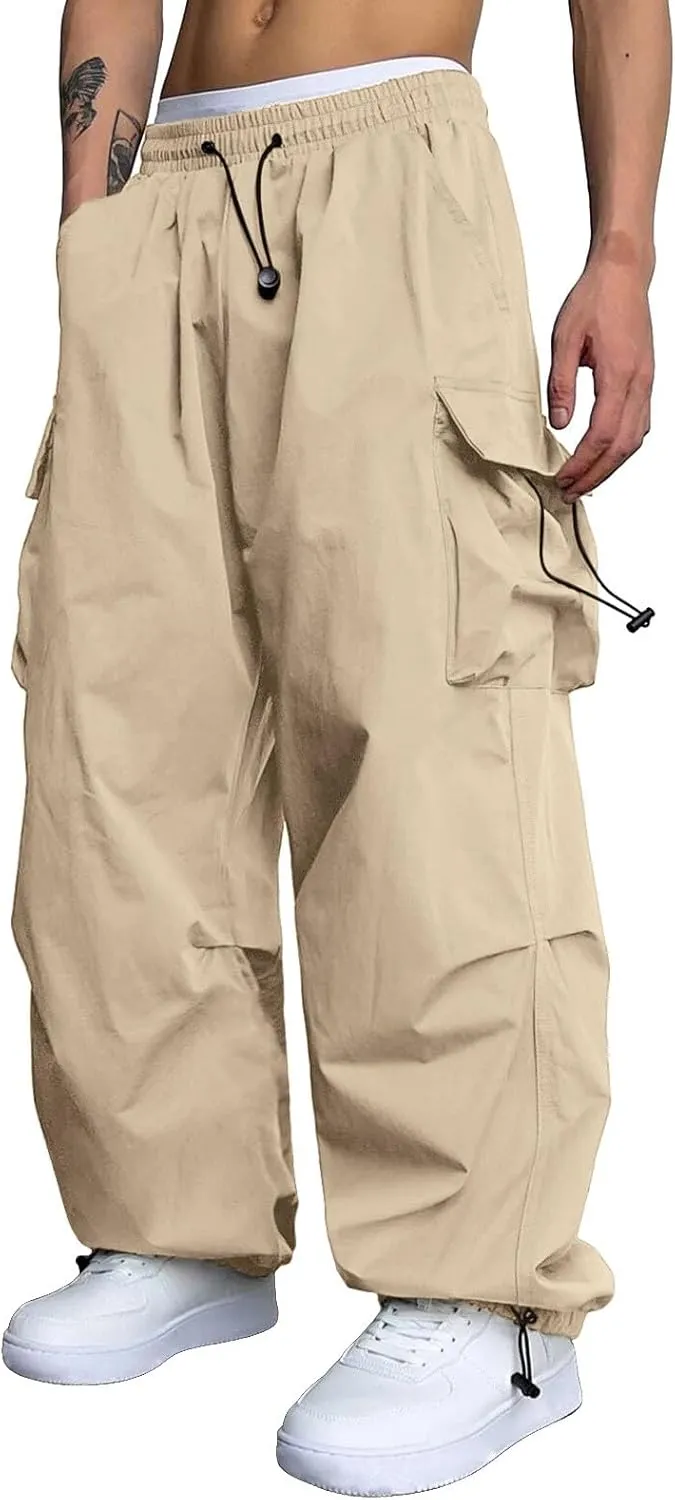 Men's Cargo Pants Casual Cotton Stretchy Drawstring Elastic Waist Pant Track Pants with Multiple Pockets